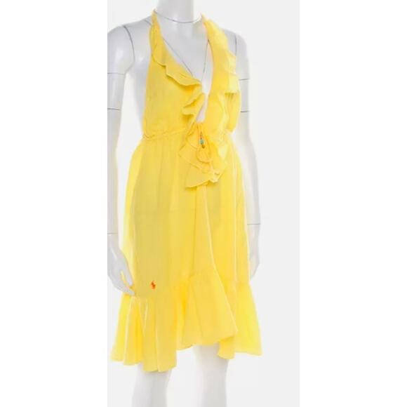 Ralph Lauren Dress Womens Medium Halter Ruffle Tiered Yellow Coastal Cotton - Picture 1 of 10